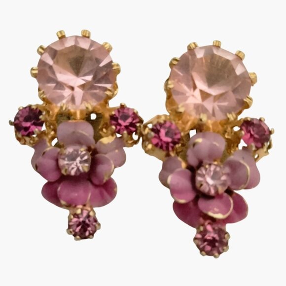 Pink Rhinestone Clip On Earrings Enamel Floral Vintage - Picture 1 of 3